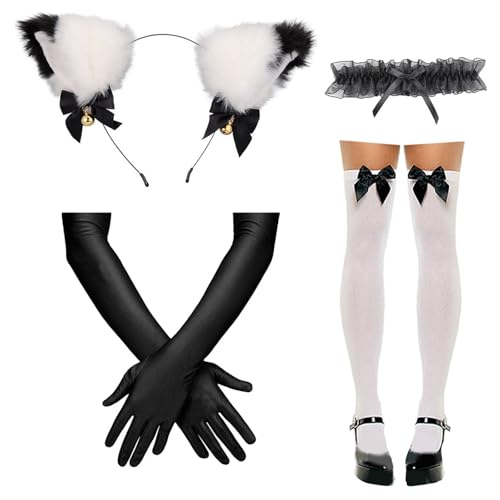 QIIIMSLSS Catgirl Kostüm-Set enthält Katzenohren, Stirnband, Spitzenkragen, Handschuhe und Strumpf für Damen, Halloween, Cosplay, Partys von QIIIMSLSS