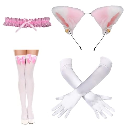 QIIIMSLSS Catgirl Kostüm-Set enthält Katzenohren, Stirnband, Spitzenkragen, Handschuhe und Strumpf für Damen, Halloween, Cosplay, Partys von QIIIMSLSS