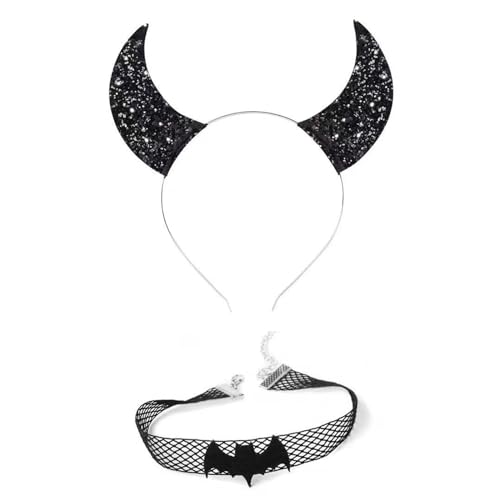 QIIIMSLSS Punk Kopfschmuck Fledermausflügel Halloween Haarreif + Choker Teufelsflügel Cool Girl Fledermausflügel Themenzubehör von QIIIMSLSS