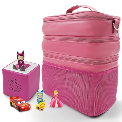 Dreifach Musikbox Tasche Kindergepäck viel Platz für Toniebox Figuren Tigerbox Transport Folie Hörfiguren Musikboxen Musikwürfel Ladegerät Kopfhörer Zubehör verstellbare Innenfächer (rosa/Leder) von QILUCKY