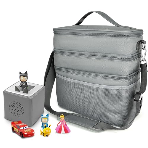 Dreifach Musikbox Tasche Kindergepäck viel Platz für Toniebox Figuren Tigerbox Transport Folie Hörfiguren Musikboxen Musikwürfel Ladegerät Kopfhörer Zubehör verstellbare Innenfächer (Grau/Stoff) von QILUCKY