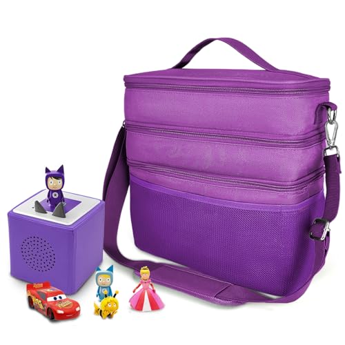 Dreifach Musikbox Tasche Kindergepäck viel Platz für Toniebox Figuren Tigerbox Transport Folie Hörfiguren Musikboxen Musikwürfel Ladegerät Kopfhörer Zubehör verstellbare Innenfächer (Lila/Stoff) von QILUCKY