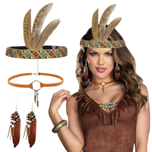 3 Stück Indianer Kopfschmuck Damen,Indianer Stirnband Damen,Indianer Schmuck,Indianer Kopfschmuck,Feder Ohrringe,Boho Lederhalskette,für Indianer Kostüm Damen,Indianer Schmuck,Kopfschmuck Karneval von QIMMU