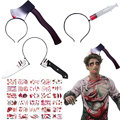 Halloween Horror Haarreif,Halloween Messer im Kopf,Halloween Axt im Kopf,Halloween Kostüm,Horror Accessoire,Realistische Axt,Messer,Nadel für Karneval,Masquerade,Cosplay mit 30 Halloween Aufkleber von QIMMU