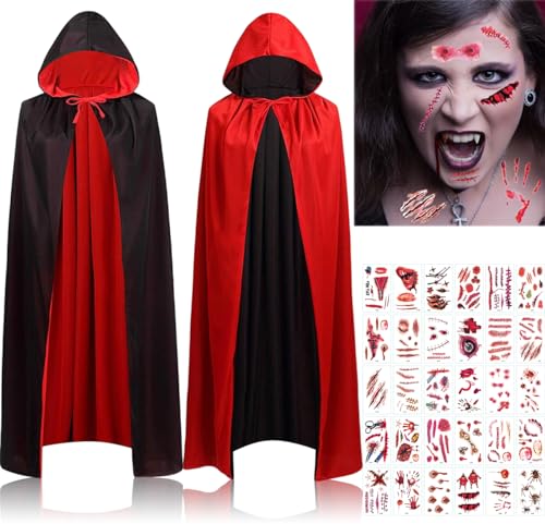 Vampir Umhang,150cm Vampir Kostüm,Halloween Umhang,Kapuzenumhang Schwarz Rot Doppelseitig Erwachsene,Halloween Kostüm Frauen Herren mit Halloween Gruselige Aufkleber von QIMMU