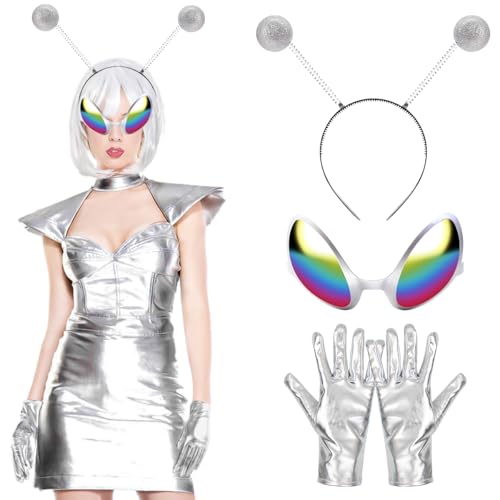 QIMMU 3 Stück Alien Kostüm Set,Alien Kostüm Damen Space Kostüm,Alien Space Karneval Costume Accessoires,Alien Haarreif,Alien Brille,Alien Silberne Handschuhe,für Damen Karneval Cosplay Maskerade von QIMMU