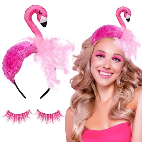 QIMMU Flamingo Haarreif,Haarreif Flamingo,Flamingo Haarreif Damen,Stirnband Flamingo mit Künstliche Wimpern Rosa,für Karneval,Fasching,Mottoparty von QIMMU