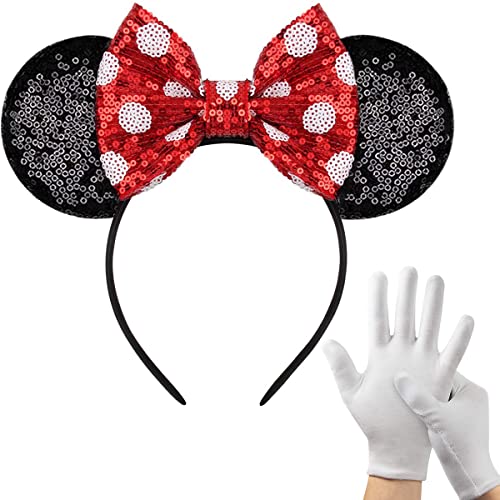 QIMMU Glitzer Maus Ohren Haarreif,Maus Haarreifen,Stirnband Maus Ohren,Maus Ohren Kostüm,Mouse Ears Headband mit Handschuhen für Erwachsene & Kinder Geburtstag Valentine's Day Karneval von QIMMU