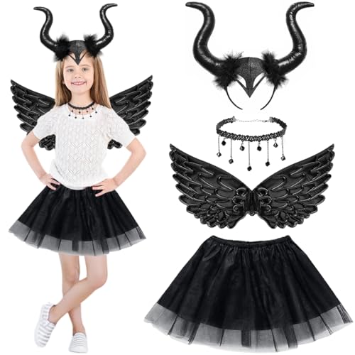 QIMMU Teufel Kostüm Kinder,Maleficent Kostüm Kinder,Maleficent Hörner,Königin Hörner Haarreif,Maleficent Flügel,Spitzenhalskette,Schwarzen Rock,Kostüm Teufel Kinder,Devil Costume von QIMMU