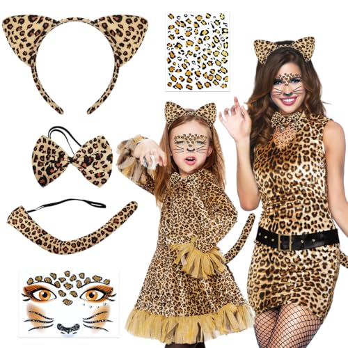 Leopard Kostüm Set,5 Stück Leoparden Kostüm Damen Kinder,Leoparden Ohren Haarreif,Leopard Schwanz Fliege,Glitzer Tattoo Gesicht Aufkleber Set,Leoparden Kostüm Zubehör, für Karneval,Fasching,Mottoparty von QIMMU