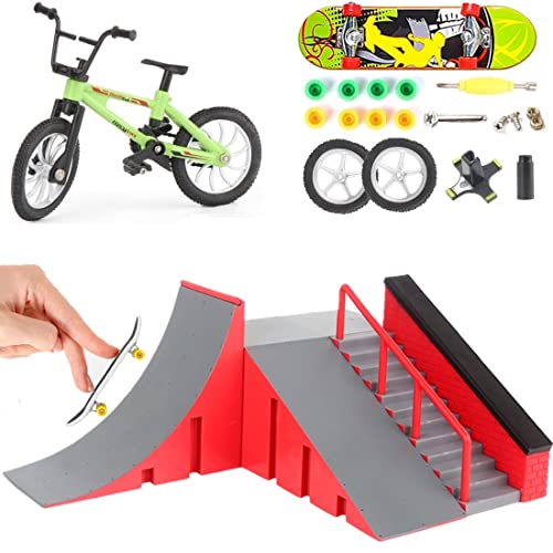 QINIFIFY Finger Skateboard Rampe Set, Mini Fingerboard Skatepark Kit DIY Finger Skate Metall Finger Fahrrad Miniatur Mountainbike Spielzeug mit Ersatzrädern und Werkzeug für Kinder von QINIFIFY