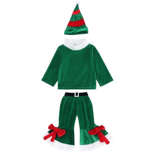 QINQNC Baby Mädchen Jungen Santa Kostüme Cosplay Weihnachten Kleidung Samt Tops+Bell Bottom Pants+Hat Set 3PCS Weihnachten Outfits (Green, 9-11 Years) von QINQNC