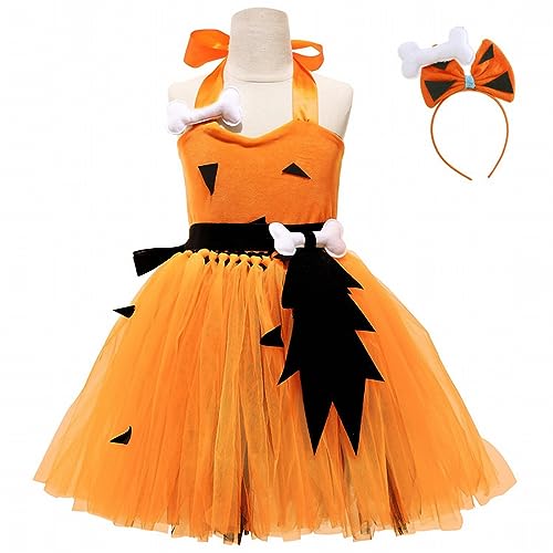 QINQNC Cheerleader Kostüm Kinder Kleider Mädchen Balette Mädchen Höhlenmensch spielt Kleid Performance Kostüm mit Kopfschmuck Halloween Kostüm Prinzessin Kleid Cheerleader (Orange, 12-24 Months) von QINQNC