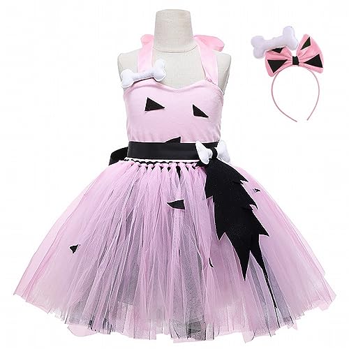 QINQNC Cheerleader Kostüm Kinder Kleider Mädchen Balette Mädchen Höhlenmensch spielt Kleid Performance Kostüm mit Kopfschmuck Halloween Kostüm Prinzessin Kleid Cheerleader Kostüm (Pink, 12-24 Months) von QINQNC