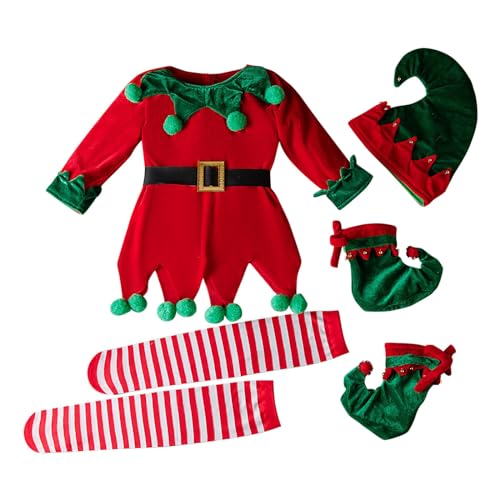 QINQNC Kinder Kleinkind Cosplay Performance Kostüm Baby Weihnachten Outfits Samt Tops+Striped Socken+Xmas Hut+Schuhe 4PCS Outfits (Red, 5-6 Years) von QINQNC