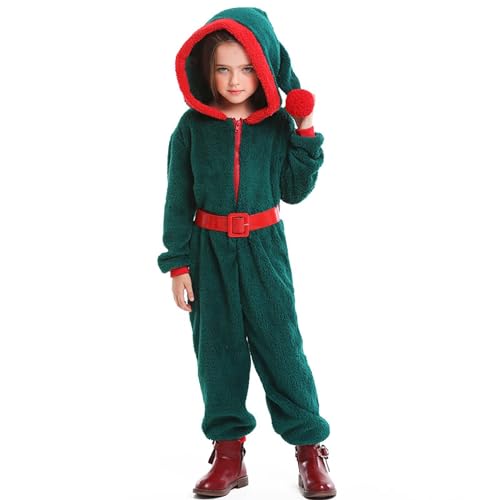 QINQNC Kinder Mädchen Junge Weihnachten Strampler Cosplay Weihnachtsbaum Kostüme Koralle Samt Kapuze Jumpsuit Playsuit Weihnachtskleidung (Green, 10-12 Years) von QINQNC