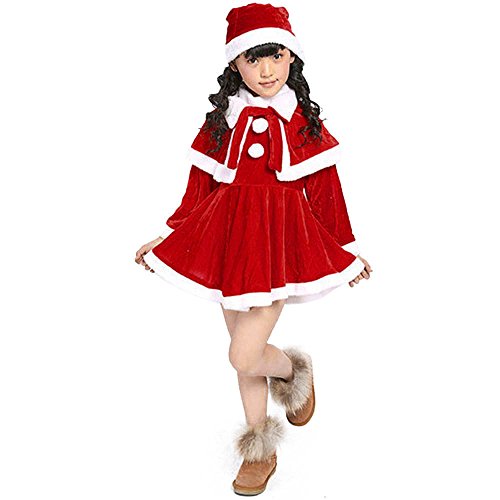 QINQNC Kleinkind Kinder Baby Mädchen Weihnachten Kostüm Outfits Kleid Samt Langarm Party Kleid+Schal+Hut Casual Xmas 1st Outfit (Red, 3-4 Years) von QINQNC