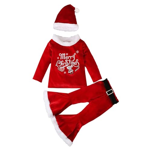 QINQNC Kleinkind Kinder Weihnachten Outfits Baby Santa Kostüme Cosplay Samt Brief Tops ausgestellte Hosen Hut Mode Weihnachten Kleidung (Red, 5-6 Years) von QINQNC