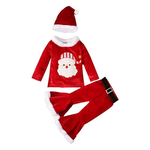 QINQNC Meine erste Weihnachten Baby Kleinkind Santa Kostüme Cosplay Samt Frohe Weihnachten Tops ausgestellte Hose Hut Set Weihnachtskleidung (Watermelon Red, 12-18 Months) von QINQNC