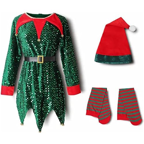 QINQNC Unisex Baby Kinder Cosplay Santa Kostüm Samt Langarm Kleid+gestreifte Socken+ Weihnachtshut Performance Kostüme 3PCS Set (Green, 3-4 Years) von QINQNC
