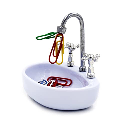 Weißer Wasserhahn-Spenderhalter mit 15 Büroklammern, Puppenhaus, Miniatur-Möbel für Frauen, Mädchen, Waschbecken, Puppenhaus-Clips, Halter für Büro, Schule, weißes Wasserhahn-Design von QINZTON