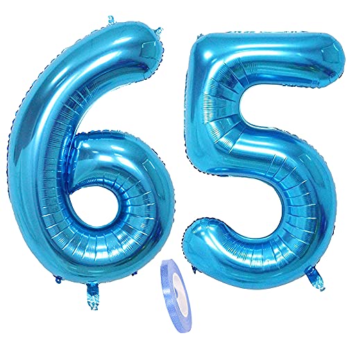 Folienballon Zahl Deko Blau 65 für Frauen Männer,XXL 100cm Riesen Nummer Aufblasbar Helium Ballon Blue Figuren Zahlen Luftballons für 65. Jahre Mann Frau Geburtstag Hochzeit Jubiläum Party Dekoration von QIUJUNDE