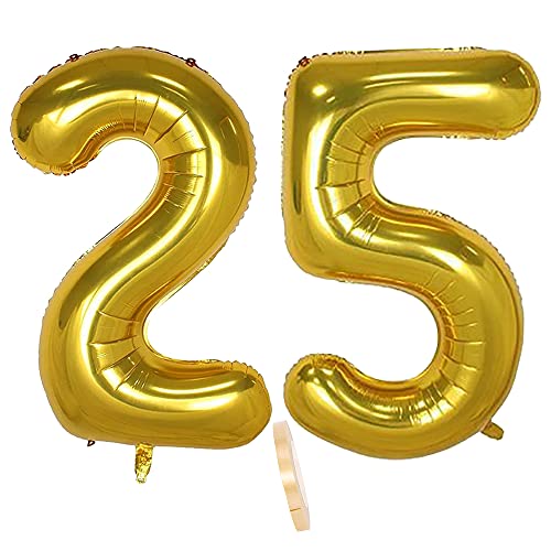 Folienballon Zahl Deko Gold 25 für Frauen Männer, XXL 100cm Riesen Nummer Aufblasbar Helium Ballon Figuren Zahlen Luftballons für 25. Jahre Mann Frau Geburtstag Hochzeit Jubiläum Party Dekoration von QIUJUNDE