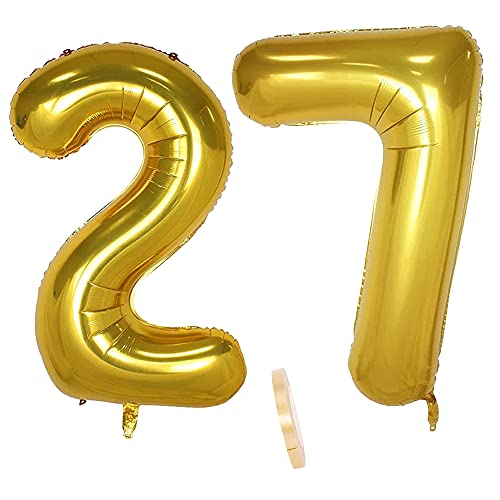 Folienballon Zahl Deko Gold 27 für Frauen Männer, XXL 100cm Riesen Nummer Aufblasbar Helium Ballon Figuren Zahlen Luftballons für 27. Jahre Mann Frau Geburtstag Hochzeit Jubiläum Party Dekoration von QIUJUNDE