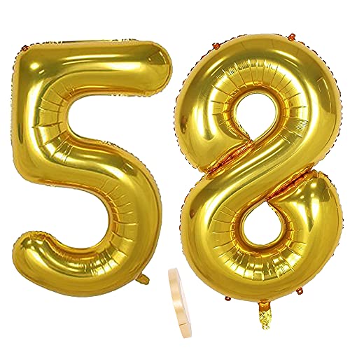 Folienballon Zahl Deko Gold 58 für Frauen Männer, XXL 100cm Riesen Nummer Aufblasbar Helium Ballon Figuren Zahlen Luftballons für 58. Jahre Mann Frau Geburtstag Hochzeit Jubiläum Party Dekoration von QIUJUNDE