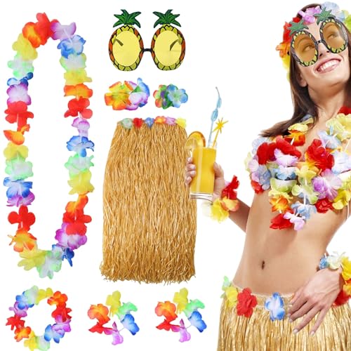 QIUMING 8 Stück Hawaiian Gras Hula Rock Hawaiianischer Grasrock Dekoration Grass Rock Set für Party mit Halskette Armbänder Blume BH Haarblume Ananas Sonnenbrille Party Dekoration (strohgelb) von QIUMING