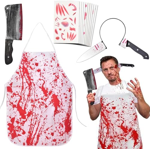 QIURUYUE Halloween Schlächter Kostüm, Karneval, Faschings Kostüm Herren & Damen EineGröße, Schneidemesser+Haarband scharfes Messer+10 Tattoo+1 Blutige Schürze von QIURUYUE