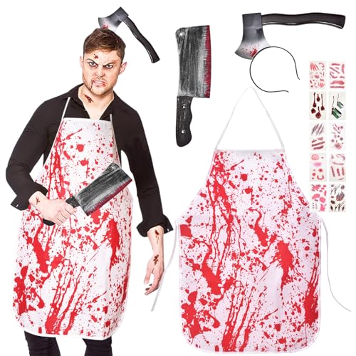 QIURUYUE Halloween Schlachter, Halloween Blutige Schürze Haarschmuck, Halloween Grusel Accessoires mit Zombie Scars Tattoo, Halloween Kostüm Accessoire für Herren bei der Halloween Party von QIURUYUE