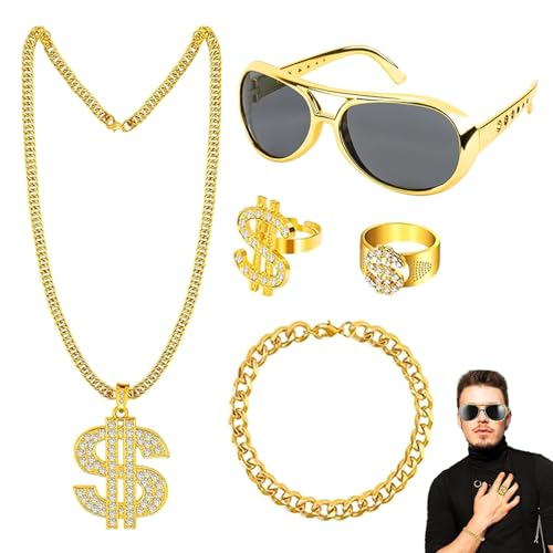 QIWEIS Zuhälter Kostüm 5 Stück dollar kette Hip Hop Kostüm Kit Dollarzeichen Ring Rapper Kostüm Zubehör mit Farbverlauf 80 90er Jahre Zuhälter Kostüm für Fasching Themenpartys Rollenspiel von QIWEIS