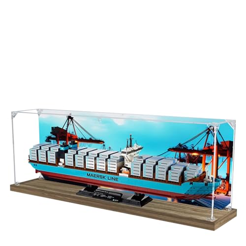 Acryl-Vitrine für Lego 10241 Maersk Frachtschiff-Bauset, klare Vitrine, staubdichte Vitrine, kompatibel mit Lego 10241 (nur Vitrine) (Holzsockel, Hintergrund) von QIXINDGYH