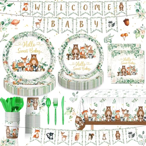 Woodland Baby Shower Party Supplies Woodland Animal Birthday Party Decorations Include Plates, Cups, Napkins, Cutlery, for Creatures Woodland Baby Shower Decorations, 24 Guests von QIYANPAX