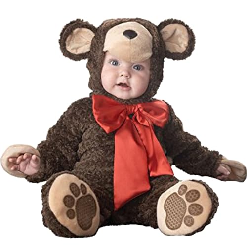 QIYUANT Baby Braunbär Kostüm Klein-Kinder Faschingskostüm Jungen Mädchen Fasching Karneval Halloween 0-3 Jahren Fleece Strampler Onesie Kinderkleidung mit Kapuze und Futter 90 (12-18 Monate) von QIYUANT