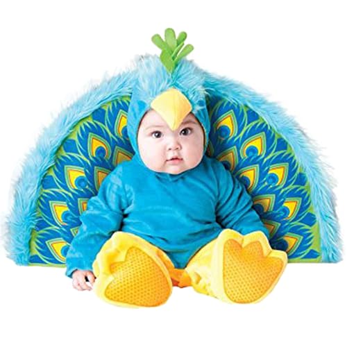 QIYUANT Baby Pfau Kostüm Klein-Kinder Faschingskostüm Jungen Mädchen Fasching Karneval Halloween 0-3 Jahren Fleece Strampler Onesie Kinderkleidung mit Kapuze und Futter 95 (18-24 Monate) von QIYUANT