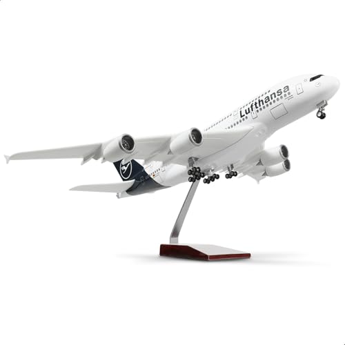 QIYUMOKE 1/160 Airbus A380 Lufthansa 18 Zoll großes Modelldruckguss-Flugzeugmodellbausatz mit Ständer Sky Jumbo Airliner Modellflugzeug Display Sammlermodellbausatz als Geschenk von QIYUMOKE