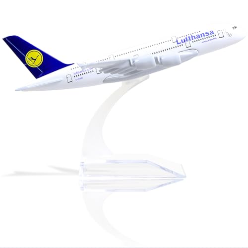 QIYUMOKE 1/400 Metallflugzeugmodell für Lufthansa Airbus A380 mit Ständer (6 Zoll lang), geeignet für Luftfahrtbegeisterte als Geschenk oder Ausstellungsdekoration von QIYUMOKE