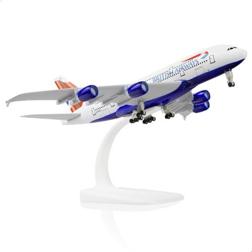 QIYUMOKE Airbus A380 1/300 British Airway Druckguss Metall Flugzeugmodell mit Ständer Sky Jumbo Airliner Legierung Modellbausatz für Luftfahrt-Enthusiasten Geschenk von QIYUMOKE