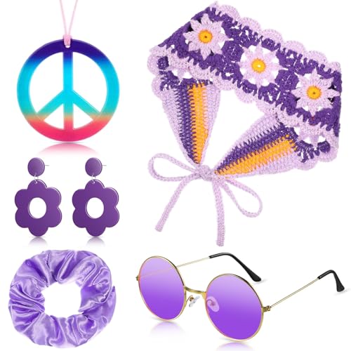 Hippie Accessoires, 5 PCS Hippie Zubehör Damen, Hippie Kostüm Zubehör, Flower Power Accessoires, 70er Jahre Accessoires mit Hippie Brille, Peace Kette, Ohrringe, Haarschmuck für Karneval (Lila) von QIZHIQIAMY