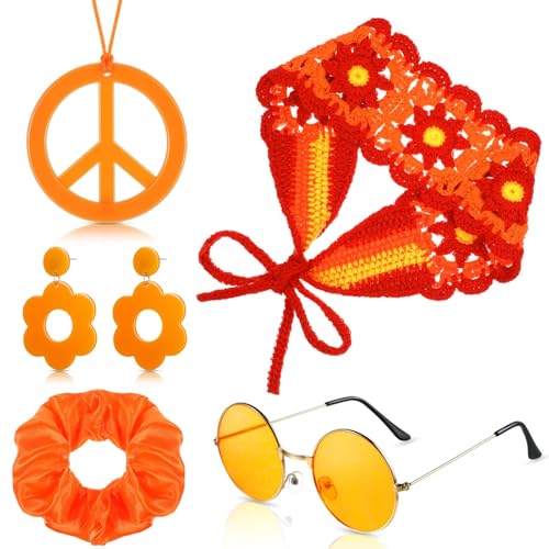 Hippie Accessoires, 5 PCS Hippie Zubehör Damen, Hippie Kostüm Zubehör, Flower Power Accessoires, 70er Jahre Accessoires mit Hippie Brille, Peace Kette, Ohrringe, Haarschmuck für Karneval (Orange) von QIZHIQIAMY