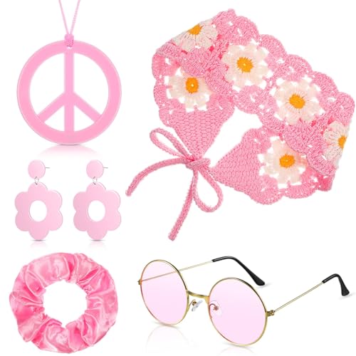 Hippie Accessoires, 5 PCS Hippie Zubehör Damen, Hippie Kostüm Zubehör, Flower Power Accessoires, 70er Jahre Accessoires mit Hippie Brille, Peace Kette, Ohrringe, Haarschmuck für Karneval (Rosa) von QIZHIQIAMY