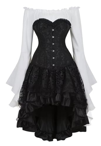 QJIRZB Halloween-Korsett-Tops für Damen, Rock mit Tutu, 3er-Set, Übergröße, Vintage-Stil, Schnürung, Gothic-Kostüm (Schwarzweiß, 3 Set, M) von QJIRZB