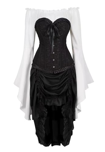 QJIRZB Korsett-Oberteil für Damen, Rock mit Tutu, 3er-Set, Übergröße, Vintage, Schnürung, Gothic-Kostüm, Halloween, Schwarz (6388 Schwarzweiß, 3 Set, M) von QJIRZB