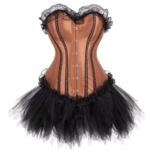 QJIRZB Korsettkleid für Damen, Oberrock-Set, sexy Bustier, Spitze, Blumenmuster, Übergröße, Kostüm, Burlesque, Halloween (Braun, 6XL) von QJIRZB