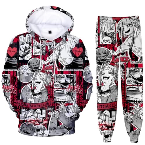 QJIRZB MHA Midoriya Izuku/Toga Himiko, Sweatshirt mit Hose, Sweatshirt, Sporthose, Cartoon-Hoodie-Anzug-Set (Toga Himiko, Größe 3XL) von QJIRZB