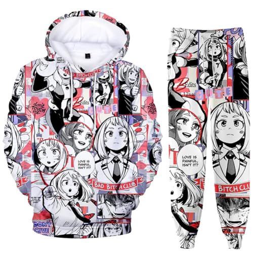 QJIRZB MHA Midoriya Izuku/Toga Himiko, Sweatshirt mit Hose, Sweatshirt, Sporthose, Cartoon-Hoodie-Anzug-Set (Uraraka, Ochako, XXS) von QJIRZB