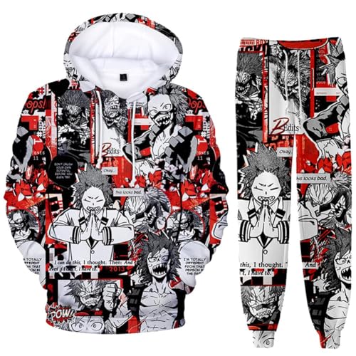 QJIRZB MHA Sweatshirt mit Hose, Midoriya Izuku/Toga, Himiko, Pullover, Sweatshirt, Sporthose, Cartoon-Hoodie-Anzug-Set (Kirishima Eijiro, S) von QJIRZB