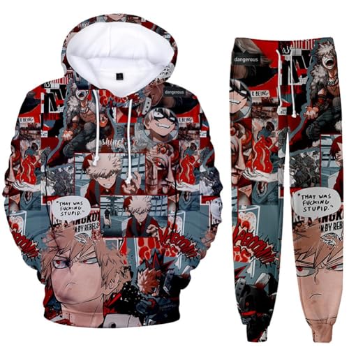 QJIRZB MHA Sweatshirt mit Hose, Midoriya Izuku/Toga, Himiko, Pullover, Sweatshirt, Sporthose, Cartoon-Hoodie-Anzug-Set (MHA, 4XL) von QJIRZB